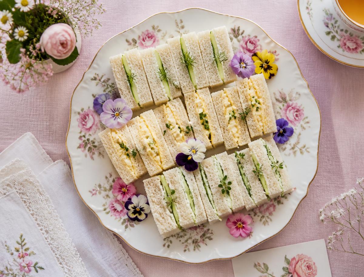 Platter of assorted finger sandwiches garnished with edible pansies on a rose-patterned plate.