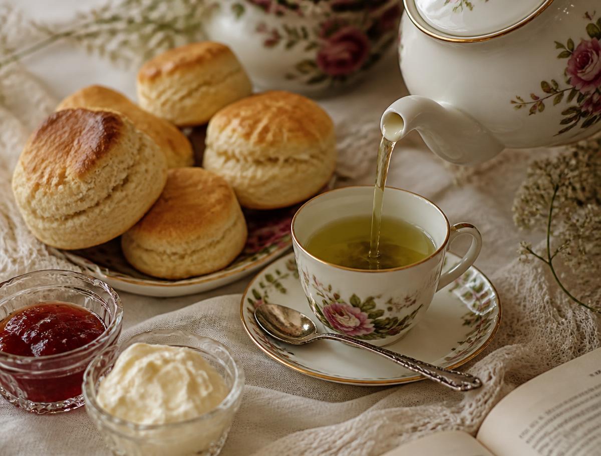 Golden scones with clotted cream and jam beside a floral teacup being filled with green tea.